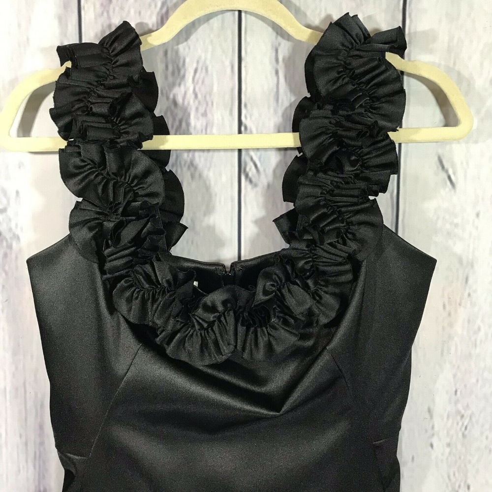 Maggy L Dress Black Satin Ruffled Trim Cocktail - Picture 2 of 5